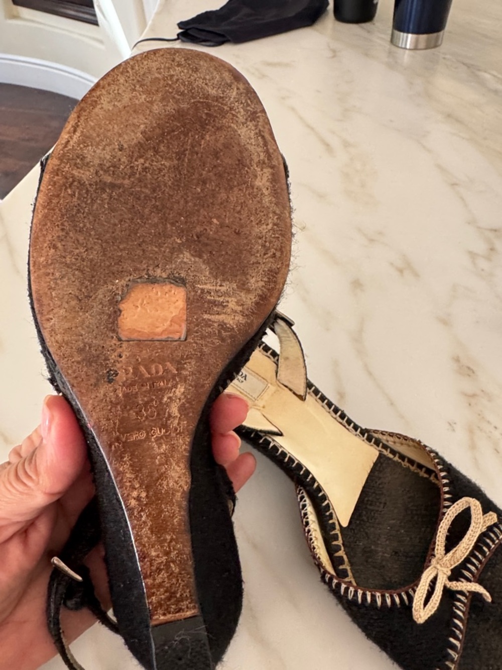 Prada Black Fabric Slingback Sandals with Cream Stitching and Bow - Picture 5 of 7
